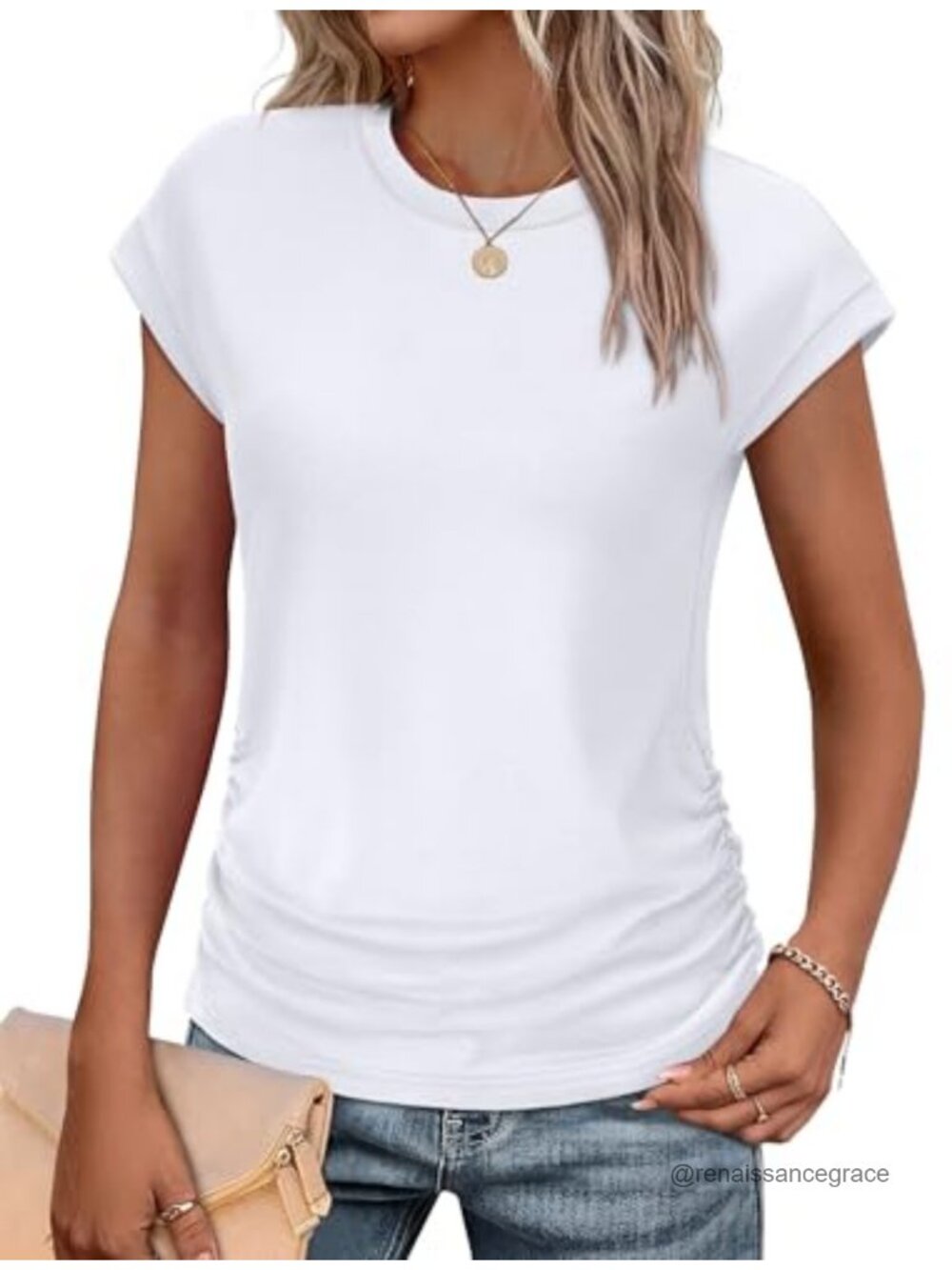 Women's Ruched Cap Short Sleeve T-Shirt Crew Neck Summer Top